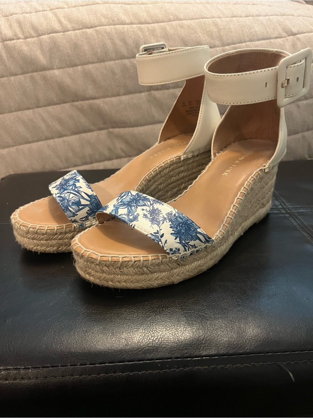 White Espadrille Wedge Sandals with Blue Floral Toe Strap